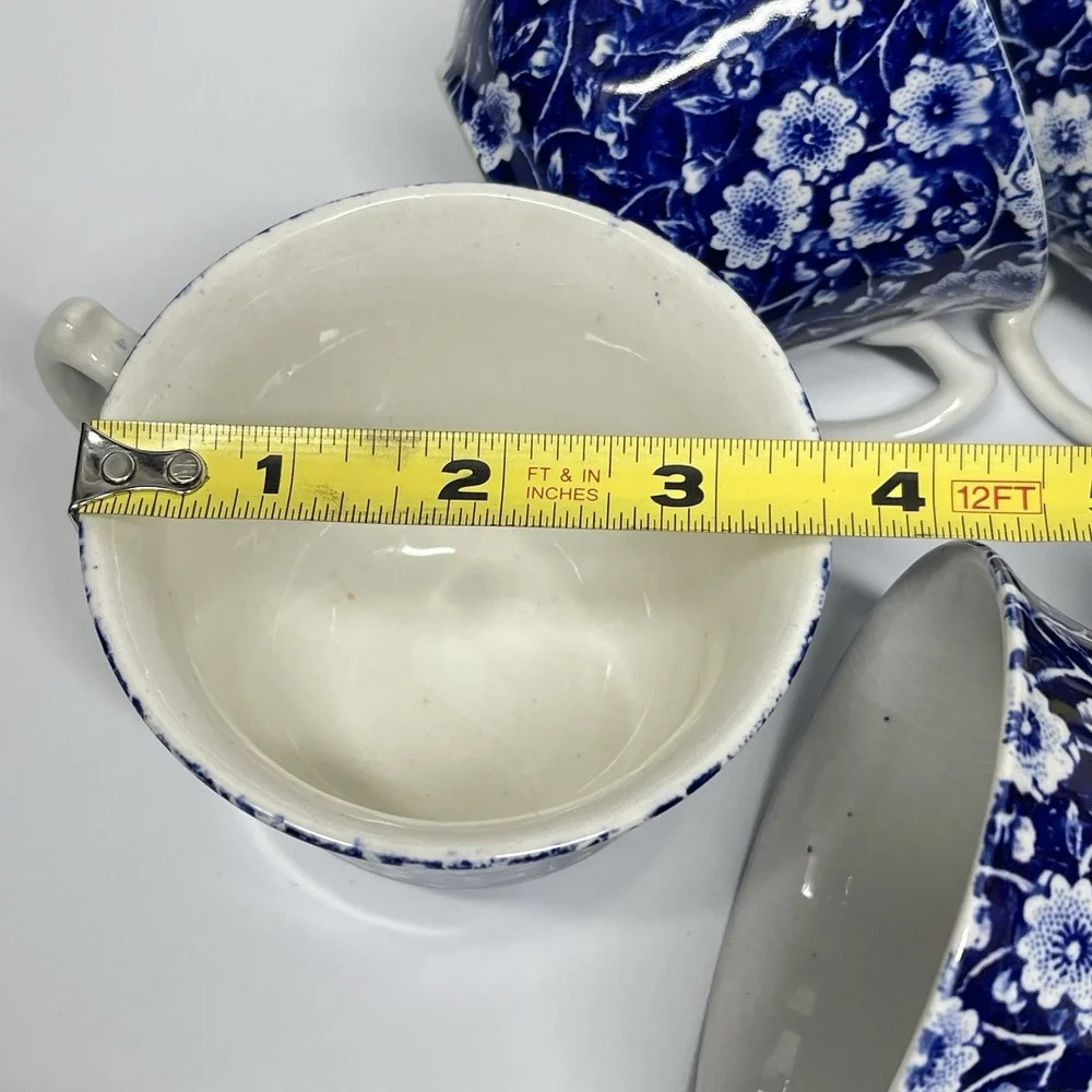 Vintage Crownford Staffordshire Blue Calico Lot Of 6 Teacups England‎ Ironstone